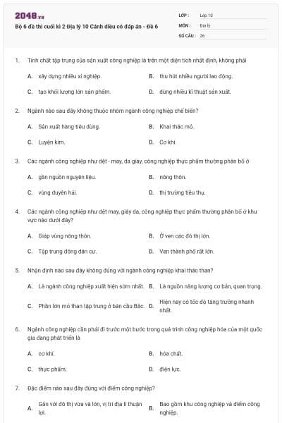 Bộ 6 đề thi cuối kì 2 Địa lý 10 Cánh diều có đáp án - Đề 6