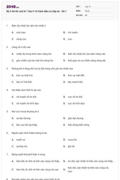 Bộ 5 đề thi cuối kì 1 Địa lí 10 Cánh diều có đáp án - Đề 1