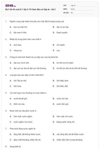Bộ 5 đề thi cuối kì 1 Địa lí 10 Cánh diều có đáp án - Đề 2