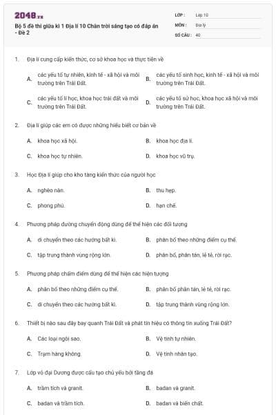 Bộ 5 đề thi giữa kì 1 Địa lí 10 Chân trời sáng tạo có đáp án - Đề 2