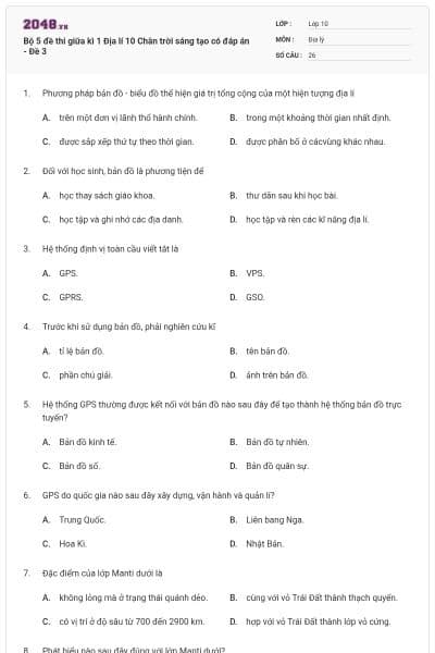 Bộ 5 đề thi giữa kì 1 Địa lí 10 Chân trời sáng tạo có đáp án - Đề 3