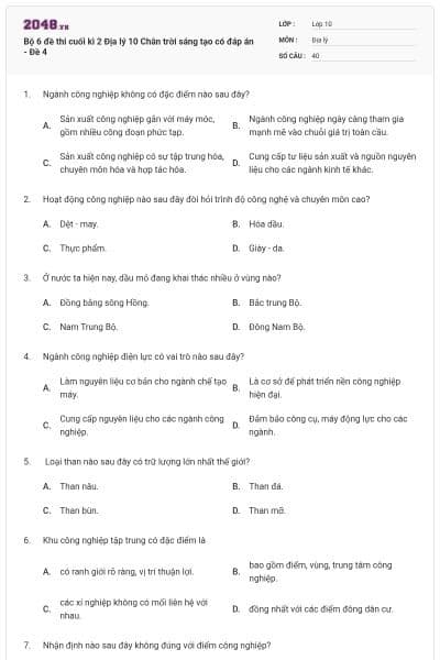 Bộ 6 đề thi cuối kì 2 Địa lý 10 Chân trời sáng tạo có đáp án - Đề 4