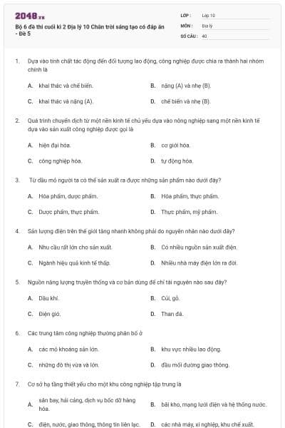 Bộ 6 đề thi cuối kì 2 Địa lý 10 Chân trời sáng tạo có đáp án - Đề 5