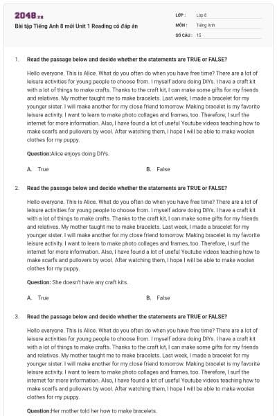 Bài tập Tiếng Anh 8 mới Unit 1 Reading có đáp án