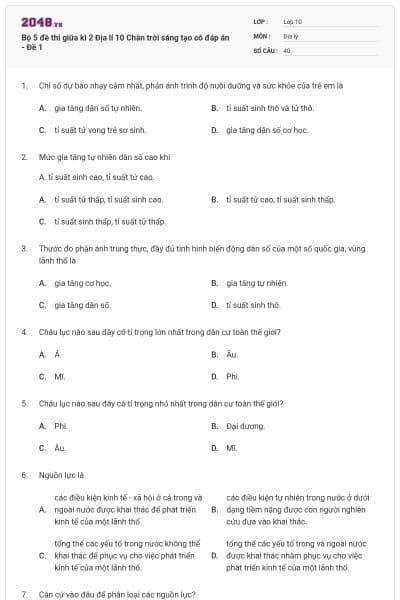 Bộ 5 đề thi giữa kì 2 Địa lí 10 Chân trời sáng tạo có đáp án - Đề 1