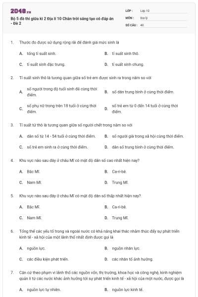 Bộ 5 đề thi giữa kì 2 Địa lí 10 Chân trời sáng tạo có đáp án - Đề 2