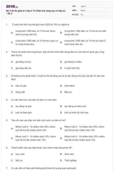 Bộ 5 đề thi giữa kì 2 Địa lí 10 Chân trời sáng tạo có đáp án - Đề 3