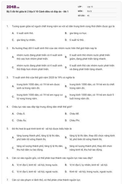 Bộ 5 đề thi giữa kì 2 Địa lí 10 Cánh diều có đáp án - Đề 1