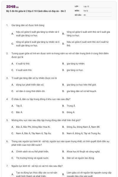 Bộ 5 đề thi giữa kì 2 Địa lí 10 Cánh diều có đáp án - Đề 2