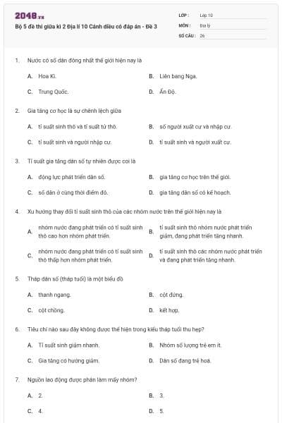 Bộ 5 đề thi giữa kì 2 Địa lí 10 Cánh diều có đáp án - Đề 3