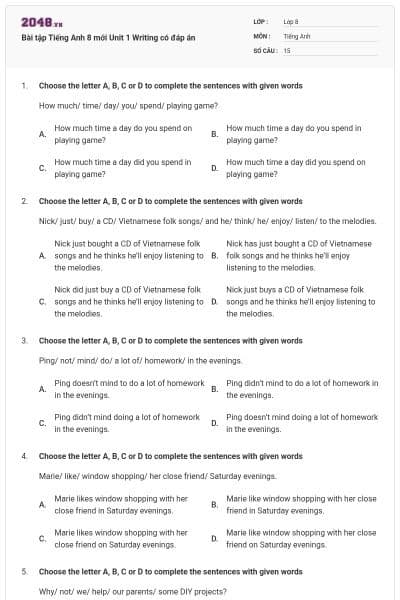 Bài tập Tiếng Anh 8 mới Unit 1 Writing có đáp án