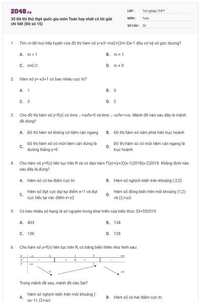 30 Đề thi thử thpt quốc gia môn Toán hay nhất có lời giải chi tiết (Đề số 16)