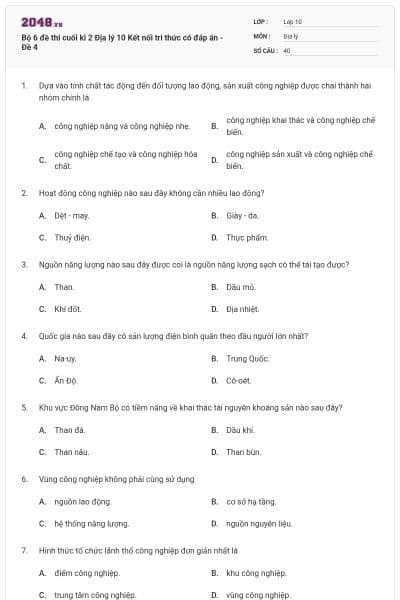 Bộ 6 đề thi cuối kì 2 Địa lý 10 Kết nối tri thức có đáp án - Đề 4