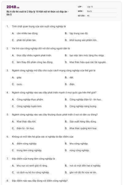 Bộ 6 đề thi cuối kì 2 Địa lý 10 Kết nối tri thức có đáp án - Đề 5