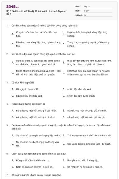 Bộ 6 đề thi cuối kì 2 Địa lý 10 Kết nối tri thức có đáp án - Đề 6