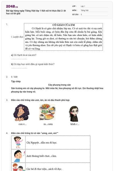 Bài tập hàng ngày Tiếng Việt lớp 1 Kết nối tri thức Bài 2: Đi học có lời giải