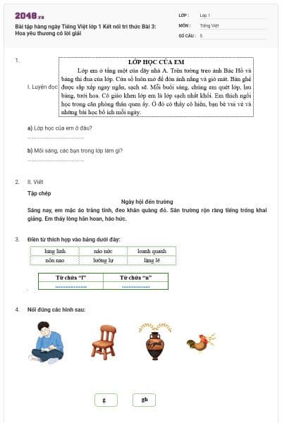Bài tập hàng ngày Tiếng Việt lớp 1 Kết nối tri thức Bài 3: Hoa yêu thương có lời giải
