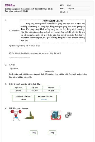 Bài tập hàng ngày Tiếng Việt lớp 1 Kết nối tri thức Bài 5: Bác trống trường có lời giải