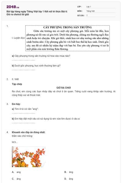 Bài tập hàng ngày Tiếng Việt lớp 1 Kết nối tri thức Bài 6: Giờ ra chơicó lời giải