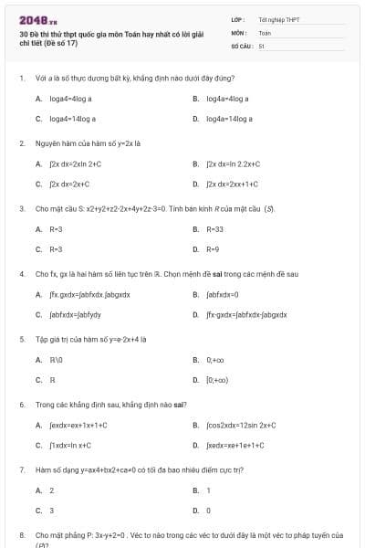 30 Đề thi thử thpt quốc gia môn Toán hay nhất có lời giải chi tiết (Đề số 17)