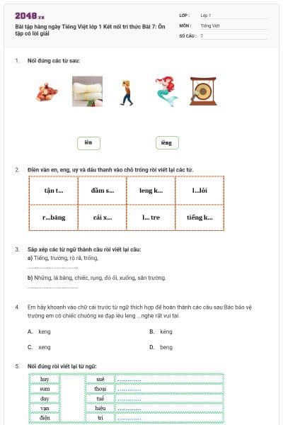 Bài tập hàng ngày Tiếng Việt lớp 1 Kết nối tri thức Bài 7: Ôn tập có lời giải