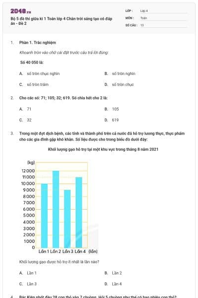 Bộ 5 đề thi giữa kì 1 Toán lớp 4 Chân trời sáng tạo có đáp án - Đề 2