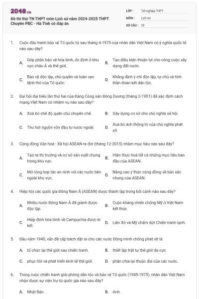 Đề thi thử TN THPT môn Lịch sử năm 2024-2025 THPT Chuyên PBC - Hà Tĩnh có đáp án