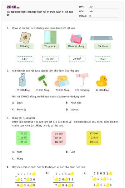 Bài tập cuối tuần Toán lớp 4 Kết nối tri thức Tuần 11 có đáp án