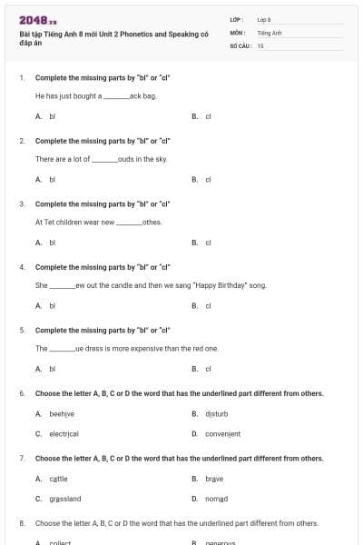 Bài tập Tiếng Anh 8 mới Unit 2 Phonetics and Speaking có đáp án