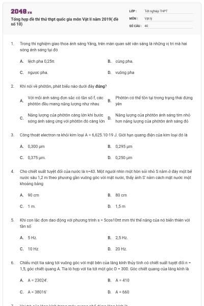Tổng hợp đề thi thử thpt quốc gia môn Vật lí năm 2019( đề số 10)