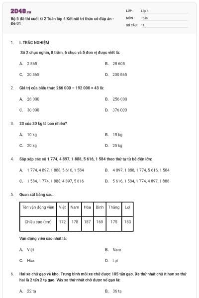 Bộ 5 đề thi cuối kì 2 Toán lớp 4 Kết nối tri thức có đáp án - Đề 01