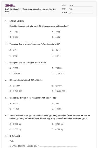 Bộ 5 đề thi cuối kì 2 Toán lớp 4 Kết nối tri thức có đáp án - Đề 02