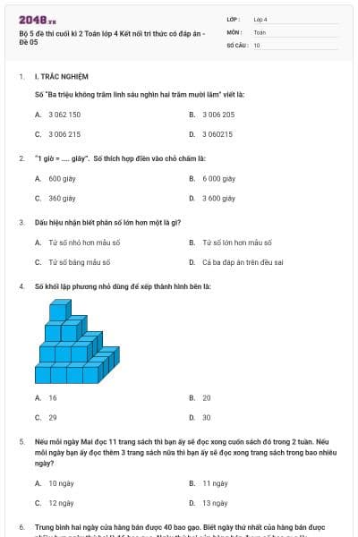 Bộ 5 đề thi cuối kì 2 Toán lớp 4 Kết nối tri thức có đáp án - Đề 05