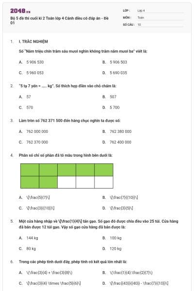 Bộ 5 đề thi cuối kì 2 Toán lớp 4 Cánh diều có đáp án - Đề 01