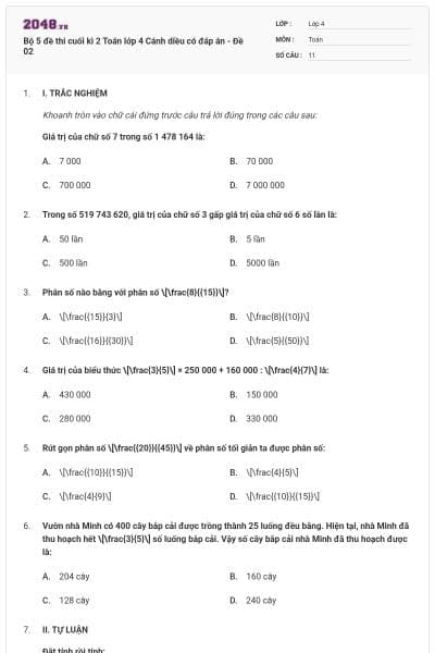 Bộ 5 đề thi cuối kì 2 Toán lớp 4 Cánh diều có đáp án - Đề 02
