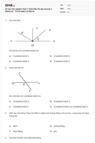 20 câu Trắc nghiệm Toán 7 Cánh Diều Ôn tập chương 4 (Đúng sai - Trả lời ngắn) có đáp án