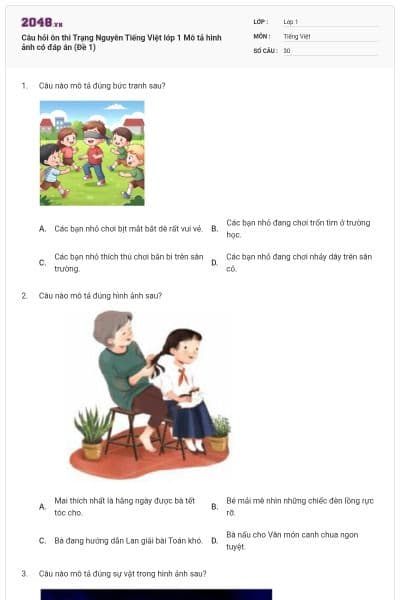 Câu hỏi ôn thi Trạng Nguyên Tiếng Việt lớp 1 Mô tả hình ảnh có đáp án (Đề 1)