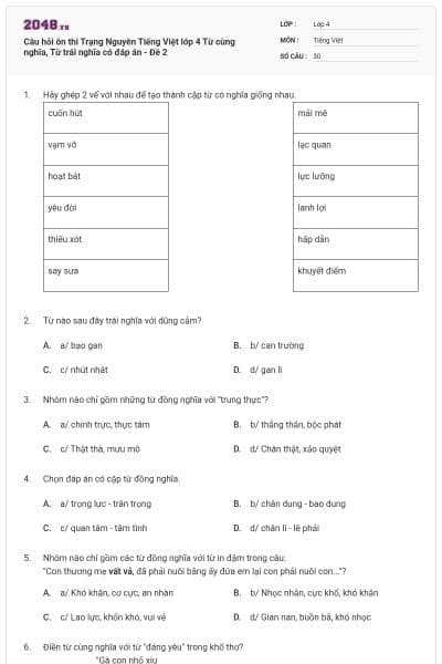 Câu hỏi ôn thi Trạng Nguyên Tiếng Việt lớp 4 Từ cùng nghĩa, Từ trái nghĩa có đáp án - Đề 2