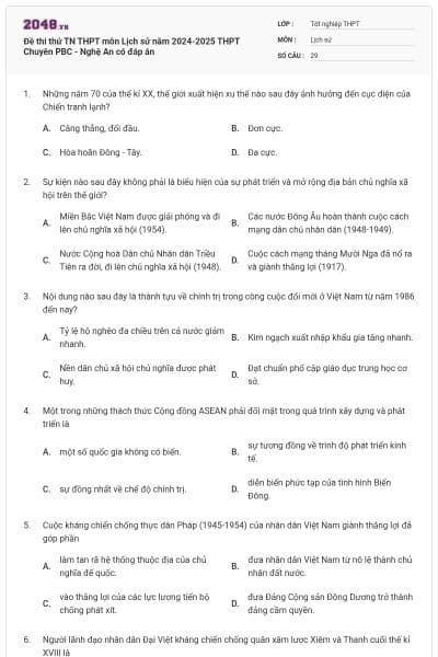 Đề thi thử TN THPT môn Lịch sử năm 2024-2025 THPT Chuyên PBC - Nghệ An có đáp án