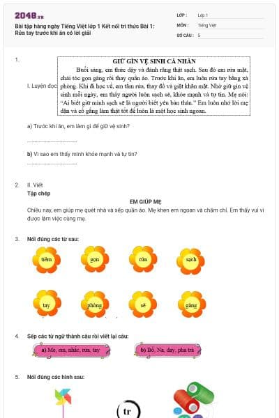 Bài tập hàng ngày Tiếng Việt lớp 1 Kết nối tri thức Bài 1: Rửa tay trước khi ăn có lời giải