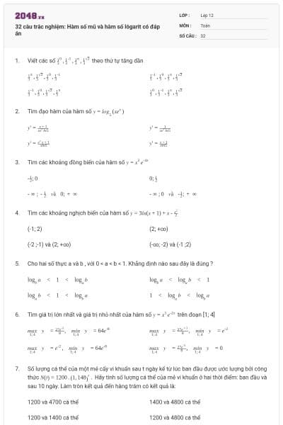 32 câu trắc nghiệm: Hàm số mũ và hàm số lôgarit có đáp án