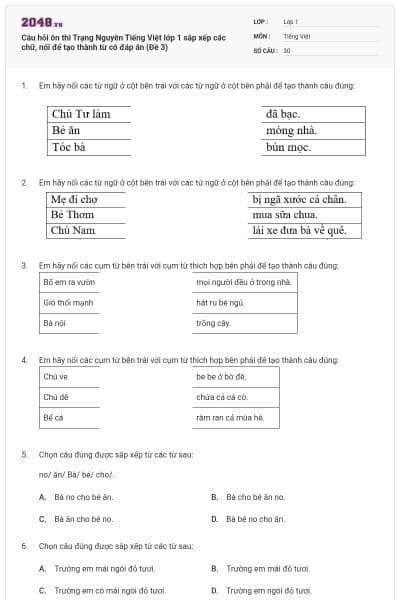 Câu hỏi ôn thi Trạng Nguyên Tiếng Việt lớp 1 sắp xếp các chữ, nối để tạo thành từ có đáp án (Đề 3)