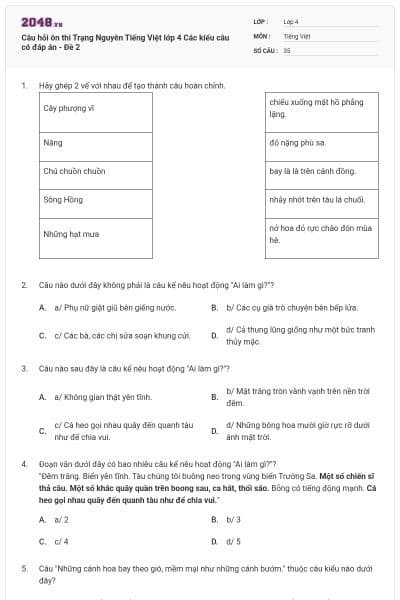 Câu hỏi ôn thi Trạng Nguyên Tiếng Việt lớp 4 Các kiểu câu có đáp án - Đề 2