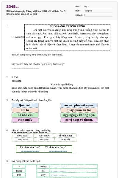 Bài tập hàng ngày Tiếng Việt lớp 1 Kết nối tri thức Bài 3: Chúa tể rừng xanh có lời giải