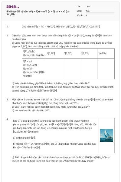 4 bài tập Giá trị hàm số y = f(x) = ax^2 (a ≠ 0) tại x = x0 (có lời giải)