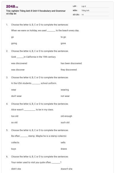 Trắc nghiệm Tiếng Anh 8 Unit 4 Vocabulary and Grammar có đáp án