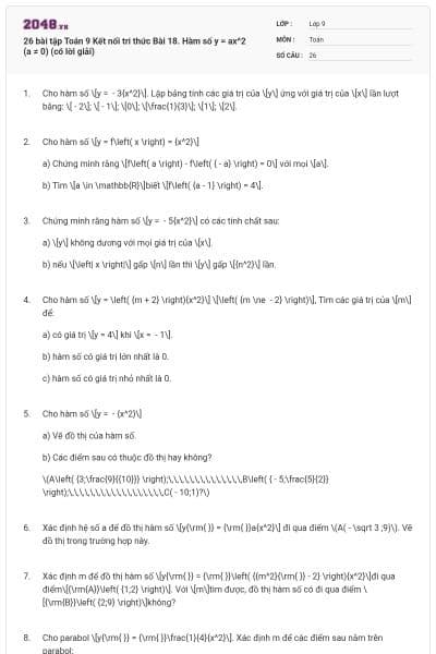 26 bài tập Toán 9 Kết nối tri thức Bài 18. Hàm số y = ax^2 (a ≠ 0) (có lời giải)