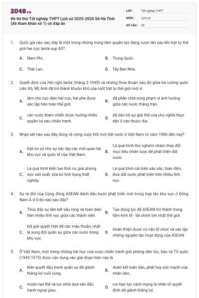 Đề thi thử Tốt nghiệp THPT Lịch sử 2025-2026 Sở Hà Tĩnh (đề tham khảo số 1) có đáp án
