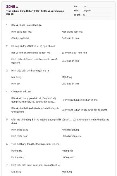 Trắc nghiệm Công Nghệ 11 Bài 11: Bản vẽ xây dựng có đáp án