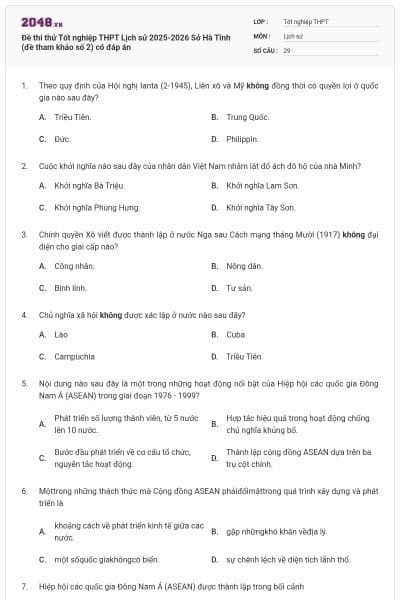 Đề thi thử Tốt nghiệp THPT Lịch sử 2025-2026 Sở Hà Tĩnh (đề tham khảo số 2) có đáp án